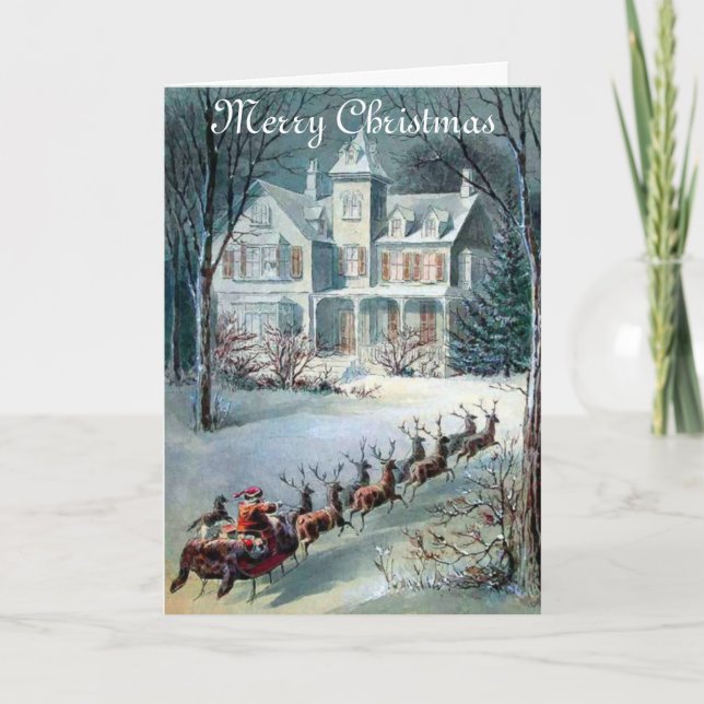 Cartes Pour Fêtes Annuelles Vintage Christmas House et Santa Sleigh (Devant)