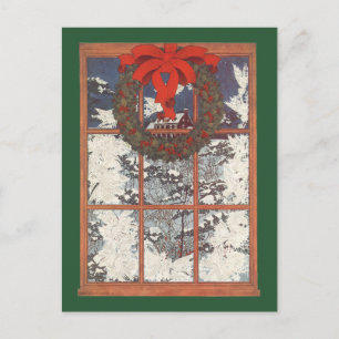 Cartes Pour Fêtes Annuelles Vintage couronne de Noël dans une fenêtre avec nei