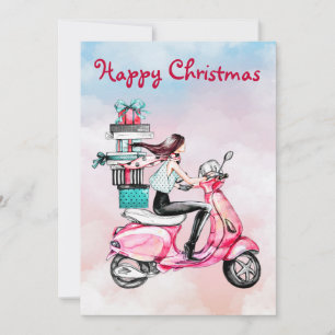 Cartes Pour Fêtes Annuelles Vintage femme de Noël sur scooter rose