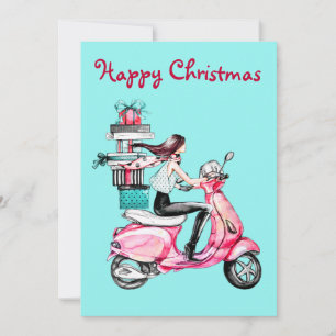 Cartes Pour Fêtes Annuelles Vintage femme de Noël sur scooter rose
