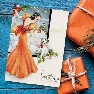 Cartes Pour Fêtes Annuelles Vintage Fille de Noël par fenêtre avec chien