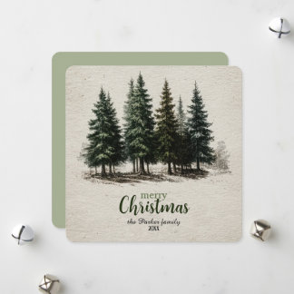 Cartes Pour Fêtes Annuelles Vintage Forest Pine Tree Botanical Merry Christmas
