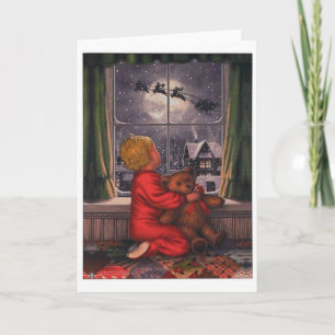 Cartes Pour Fêtes Annuelles Vintage Garçon observant le Père Noël volez au-des