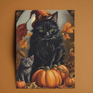 Cartes Pour Fêtes Annuelles Vintage Halloween Chat Noir Sorcière Kitten Citrou