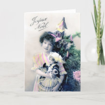Vintage Joyeux Noël avec fille et poupée