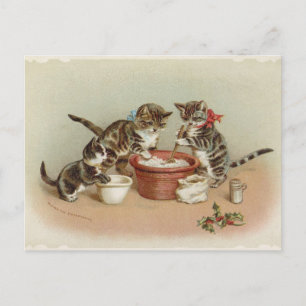 Cartes Pour Fêtes Annuelles Vintage Noël Kitty Chats Faisant du Pudding