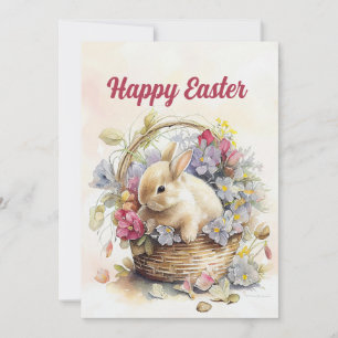 Cartes Pour Fêtes Annuelles Vintage Panier de lapin blanc Fleurs Joyeuses Pâqu