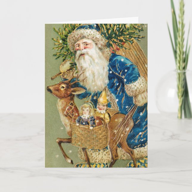 Cartes Pour Fêtes Annuelles Vintage Père Noël et Reindeer Thème de Noël (Devant)