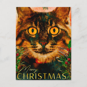 Cartes Pour Fêtes Annuelles Vintage Pin Branche Et Feuilles Chat Joyeux Noël