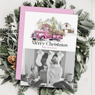 Cartes Pour Fêtes Annuelles Vintage Pink Farm Truck Grange Photo de Noël