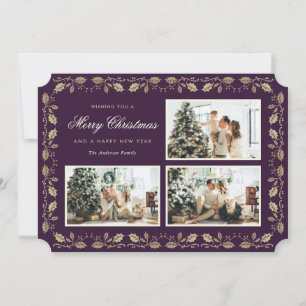 Cartes Pour Fêtes Annuelles Vintage Purple Gold Holly Famille 3 Photo Noël