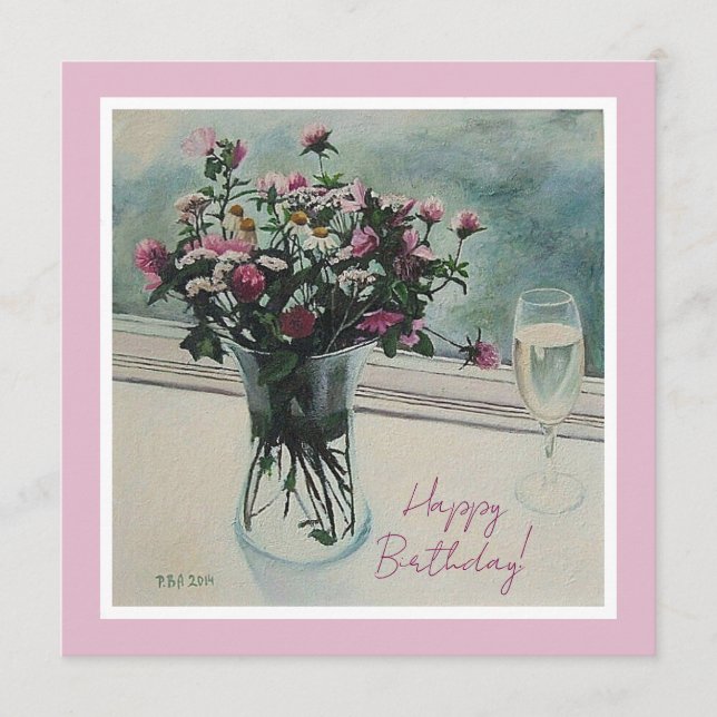 Cartes Pour Fêtes Annuelles Vintage rose fleurs d'anniversaire peinture d'art (Devant)