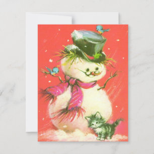 Cartes Pour Fêtes Annuelles Vintage Snowman De Noël Avec Kitten