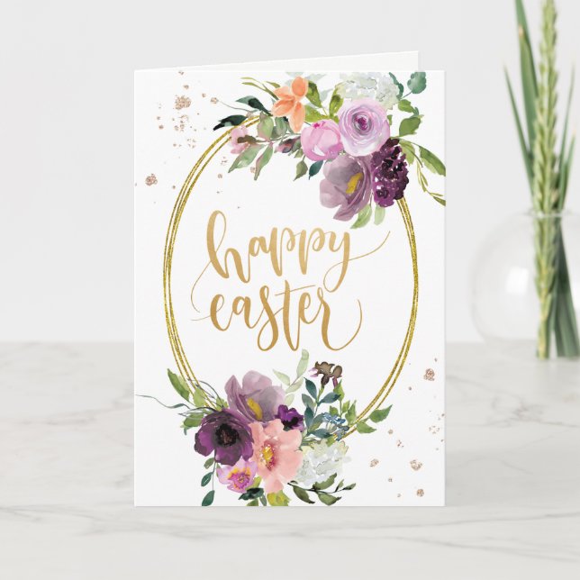 Cartes Pour Fêtes Annuelles Violet Lavande Floral Gold Frame Joyeux Pâques (Devant)