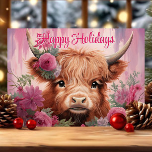 Cartes Pour Fêtes Annuelles Vœux de Noël bébé vache Highland floraux Joyeuses