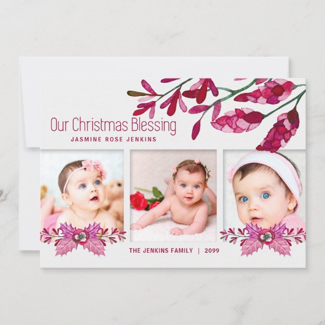Cartes Pour Fêtes Annuelles Vœux de Noël botaniques roses 3 Photos (Devant)