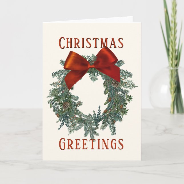 Cartes Pour Fêtes Annuelles Vœux de Noël Couronne verte Ruban rouge (Devant)