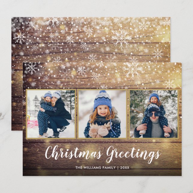 Cartes Pour Fêtes Annuelles Voeux de Noël rustiques Pays Bois 3 Photo (Devant / Derrière)