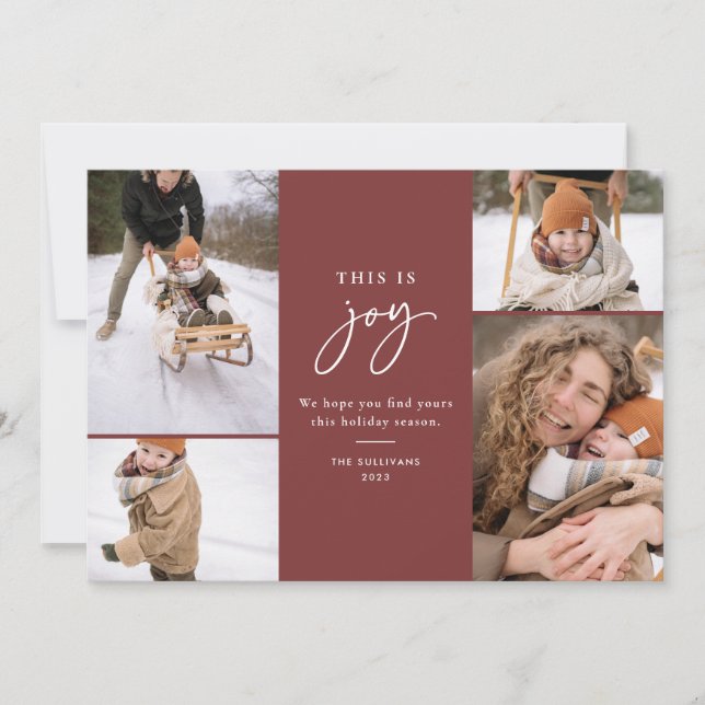 Cartes Pour Fêtes Annuelles Voici Joy Red Minimalist Multi-Photo (Devant)