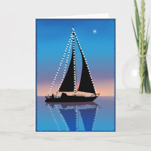 Cartes Pour Fêtes Annuelles Voiles coucher de soleil avec lumières de vacances