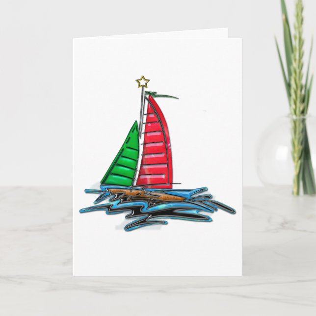 Cartes Pour Fêtes Annuelles Voilier rouge et vert de Noël (Devant)