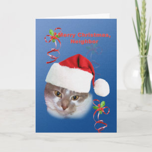 Cartes Pour Fêtes Annuelles Voisin, Noël, chat dans le casquette de Père Noël