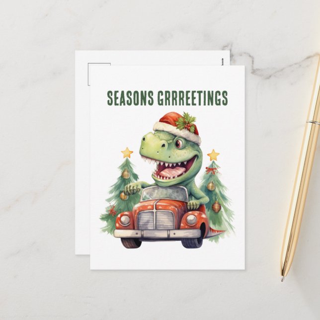 Cartes Pour Fêtes Annuelles Voiture de Noël de dinosaure aquarelle (Devant/Arrière en situation)