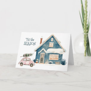 Cartes Pour Fêtes Annuelles Voiture insecte rose apporte l'arbre de Noël