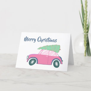 Cartes Pour Fêtes Annuelles Voiture rose rétro et Arbre Whimsical Art de Noël