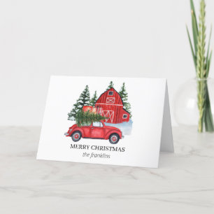 Cartes Pour Fêtes Annuelles Voiture rouge rustique Joyeux Noël Arbre Grange Ne