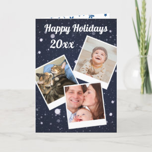 Cartes Pour Fêtes Annuelles Vos 3 photos en Polaroids Blue Snowflakes