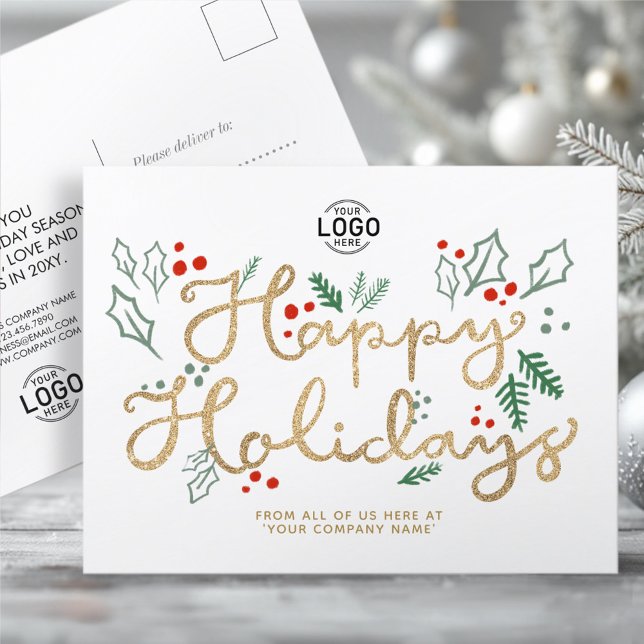 Cartes Pour Fêtes Annuelles Votre logo Business Gold Joyeux Vacances de texte  (Créateur téléchargé)