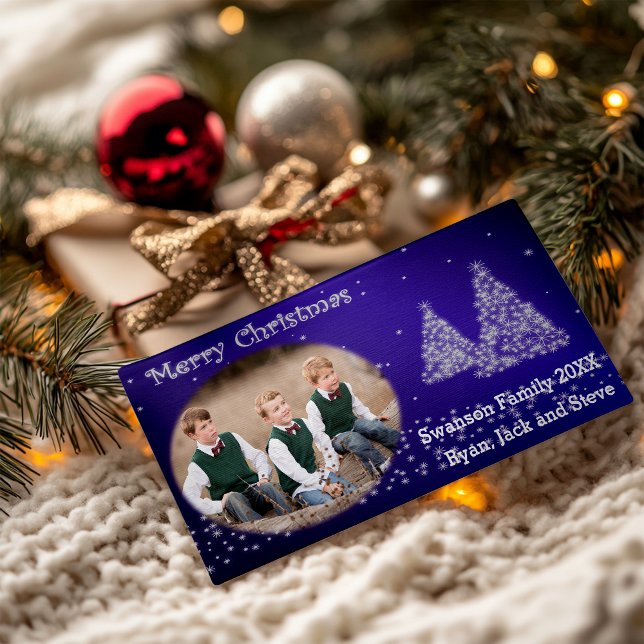 Cartes Pour Fêtes Annuelles Votre photo Arbre de Noël Bleu (Your Photo Christmas Tree Blue Holiday Card)