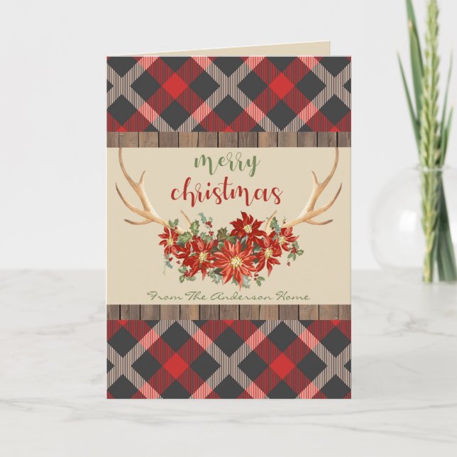 Cartes Pour Fêtes Annuelles VOTRE PHOTO   Bois à Carreaux Cerfs de Noël (Devant)
