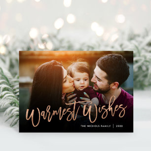 Cartes Pour Fêtes Annuelles Warmest Wishes Rose Gold Script Photo Overlay