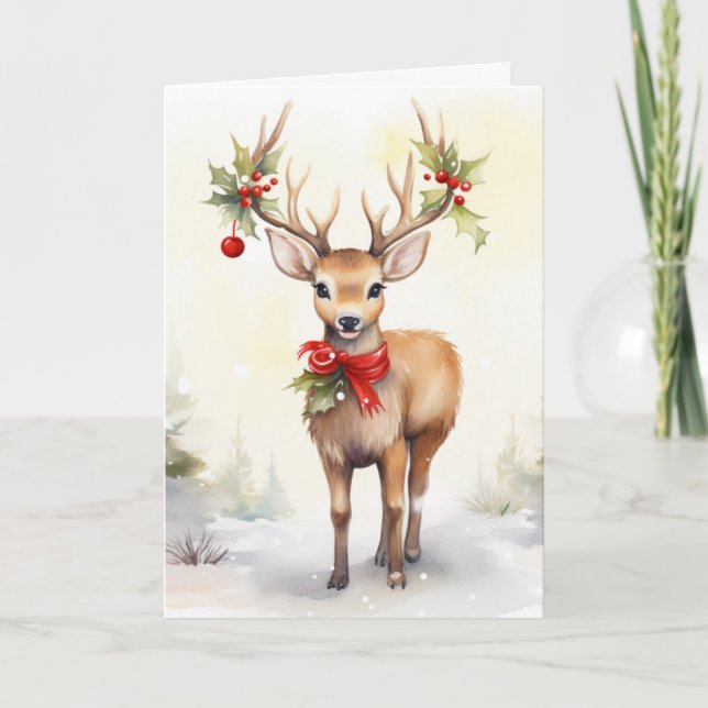 Cartes Pour Fêtes Annuelles Watercolor Christmas Reindeer (Devant)