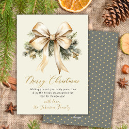 Cartes Pour Fêtes Annuelles Watercolor Gold Bow Foliage Beige Merry Christmas