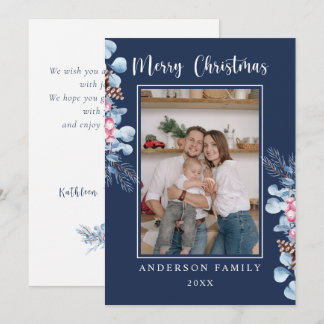 Cartes Pour Fêtes Annuelles Watercolor Pink Blue Pine Branch Family Photo