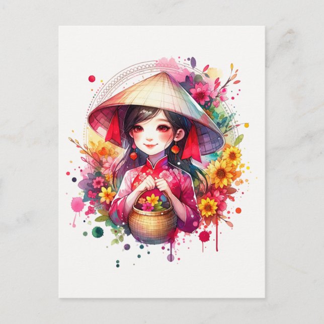 Cartes Pour Fêtes Annuelles Watercolor Tet Girl (Devant)