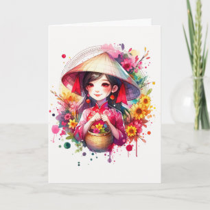 Cartes Pour Fêtes Annuelles Watercolor Tet Girl