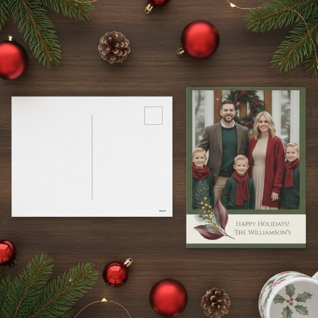 Cartes Pour Fêtes Annuelles Watercolor Winter Botanical Pattern (Holiday photo Christmas postcard)