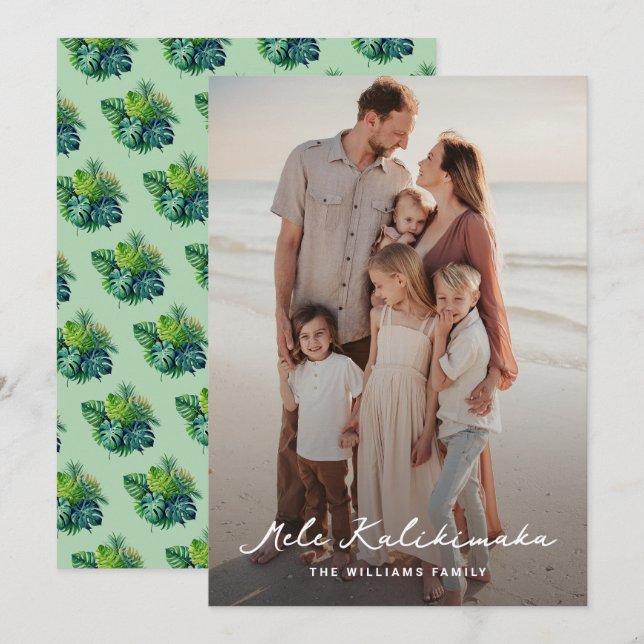 Cartes Pour Fêtes Annuelles Waterolor Tropical Feuilles Photo Mele Kalikimaka (Devant / Derrière)