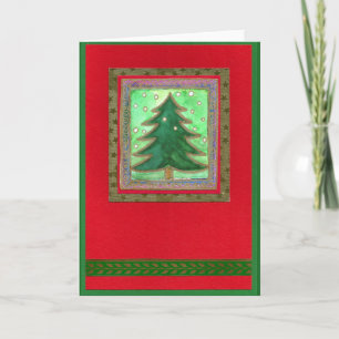 Cartes Pour Fêtes Annuelles WEIHNACHTSBAUM-AQUARELL-COLLAGE-KARTE Grün auf Rot