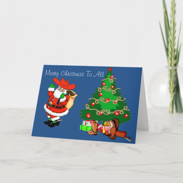 Cartes Pour Fêtes Annuelles Western Cowboy Père Noël Avec Arbre De Noël (Devant)
