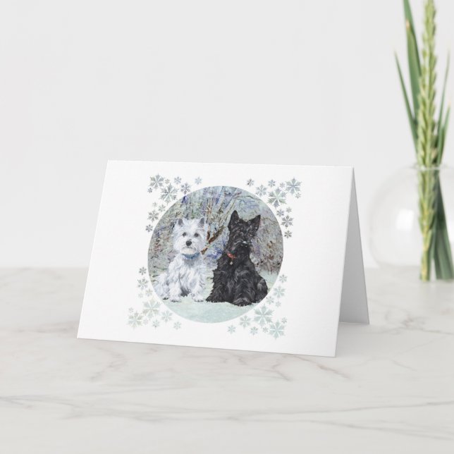 Cartes Pour Fêtes Annuelles Westie et Scottie dans le paysage enneigé (Devant)