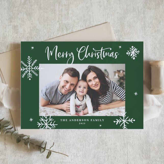 Cartes Pour Fêtes Annuelles Whimsflakes Green Merry Christmas Photo (Créateur téléchargé)