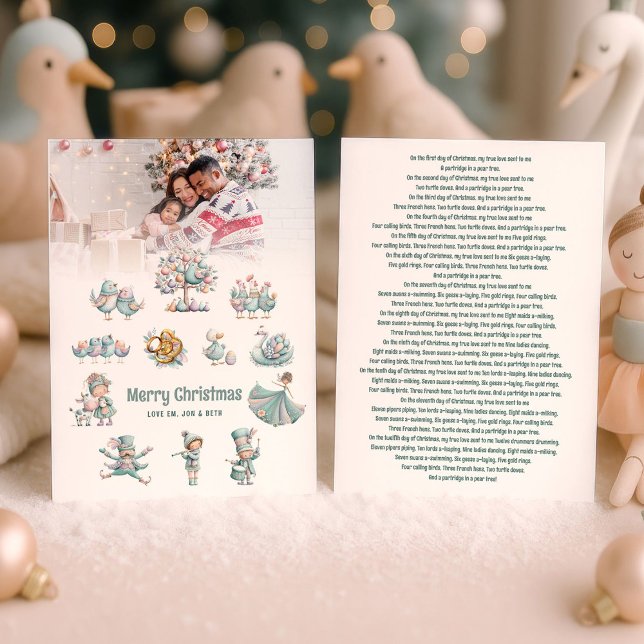 Cartes Pour Fêtes Annuelles Whimsical 12 Jours de Noël Lyrics Photo (Front and back view)