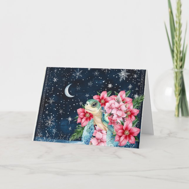 Cartes Pour Fêtes Annuelles Whimsical Blue rose floral tortue Noël (Devant)