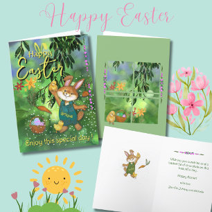 Cartes Pour Fêtes Annuelles Whimsical Bunny Poulets de Pâques message personna