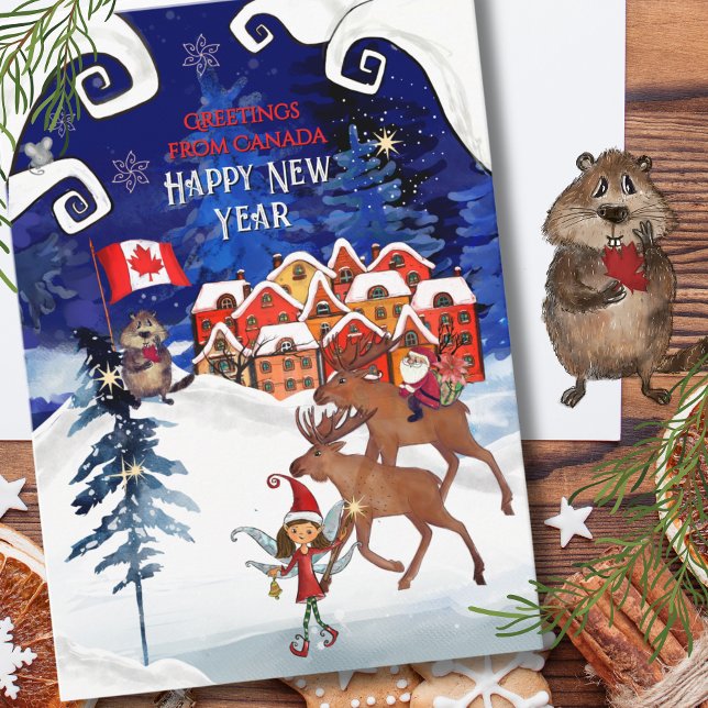 Cartes Pour Fêtes Annuelles Whimsical Canadian Village & Moose New Year (Whimsical Canadian Village & Moose New Year Holiday Card)